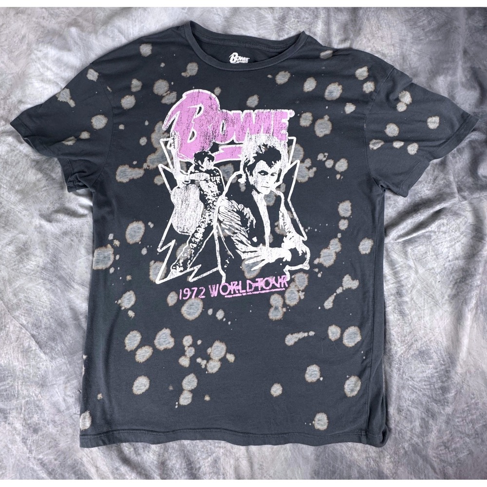 David Bowie 1972 World Tour Bleach Splatter Graphic T-Shirt S/M Gray 2023